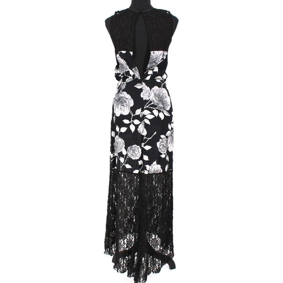 Reformation Black White Floral Lace Trim Hem Satin Maxi Sheath Dress XS Small - Picture 7 of 8